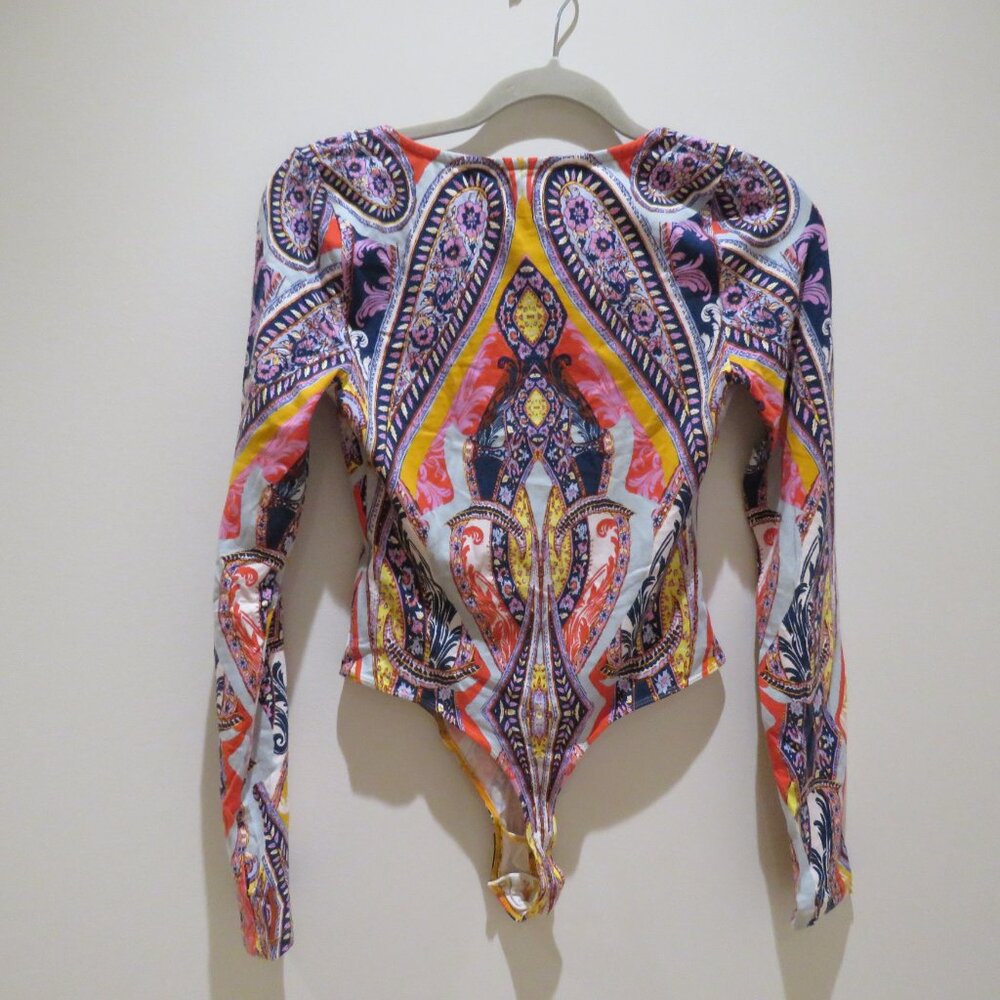 FREE PEOPLE Pick A Place Lace Up Paisley Bodysuit Stretch Boho Multicolor XS - Picture 10 of 15